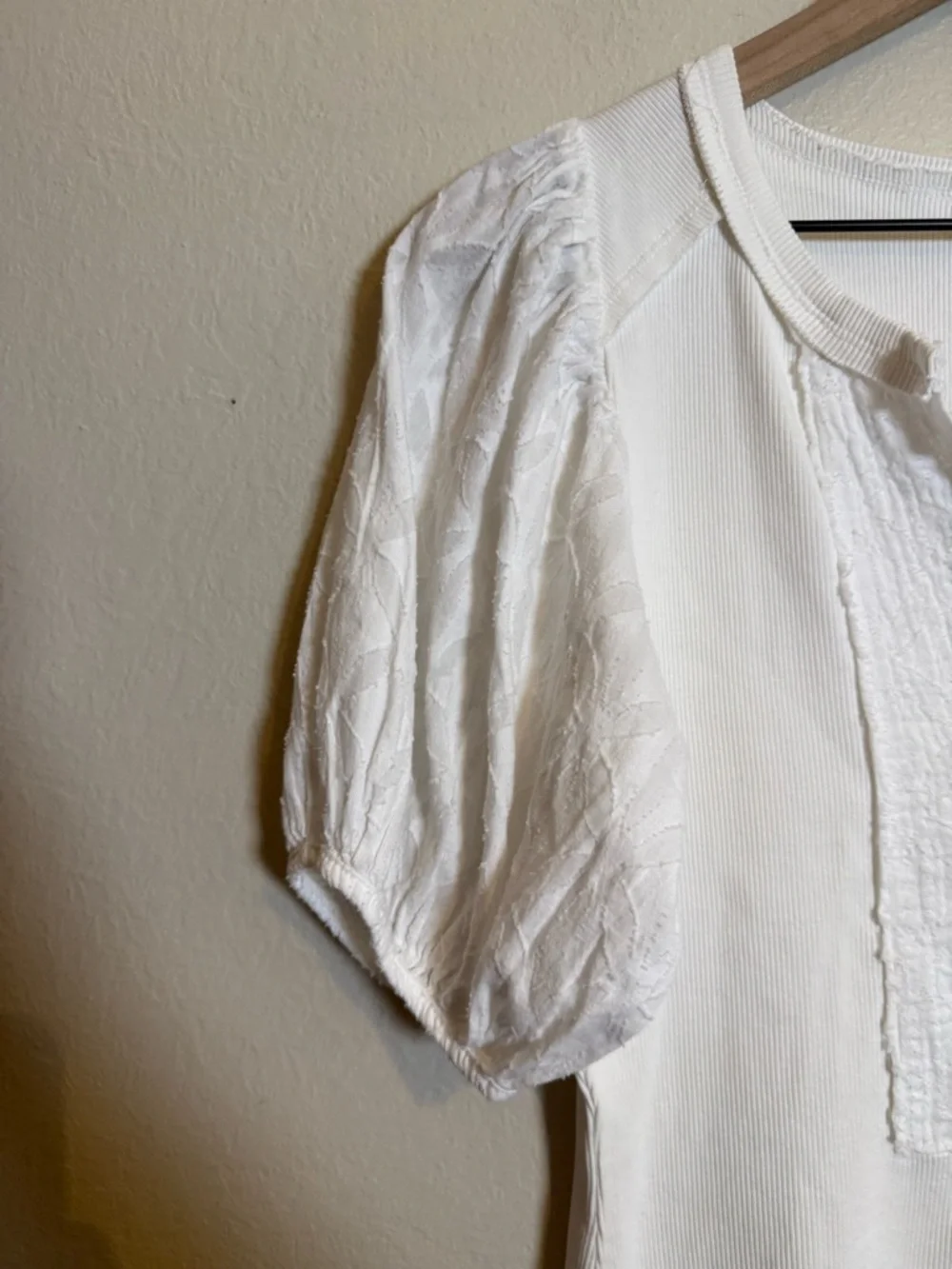 Anthropologie Ivory Textured Puff-Sleeve Button Henley Blouse